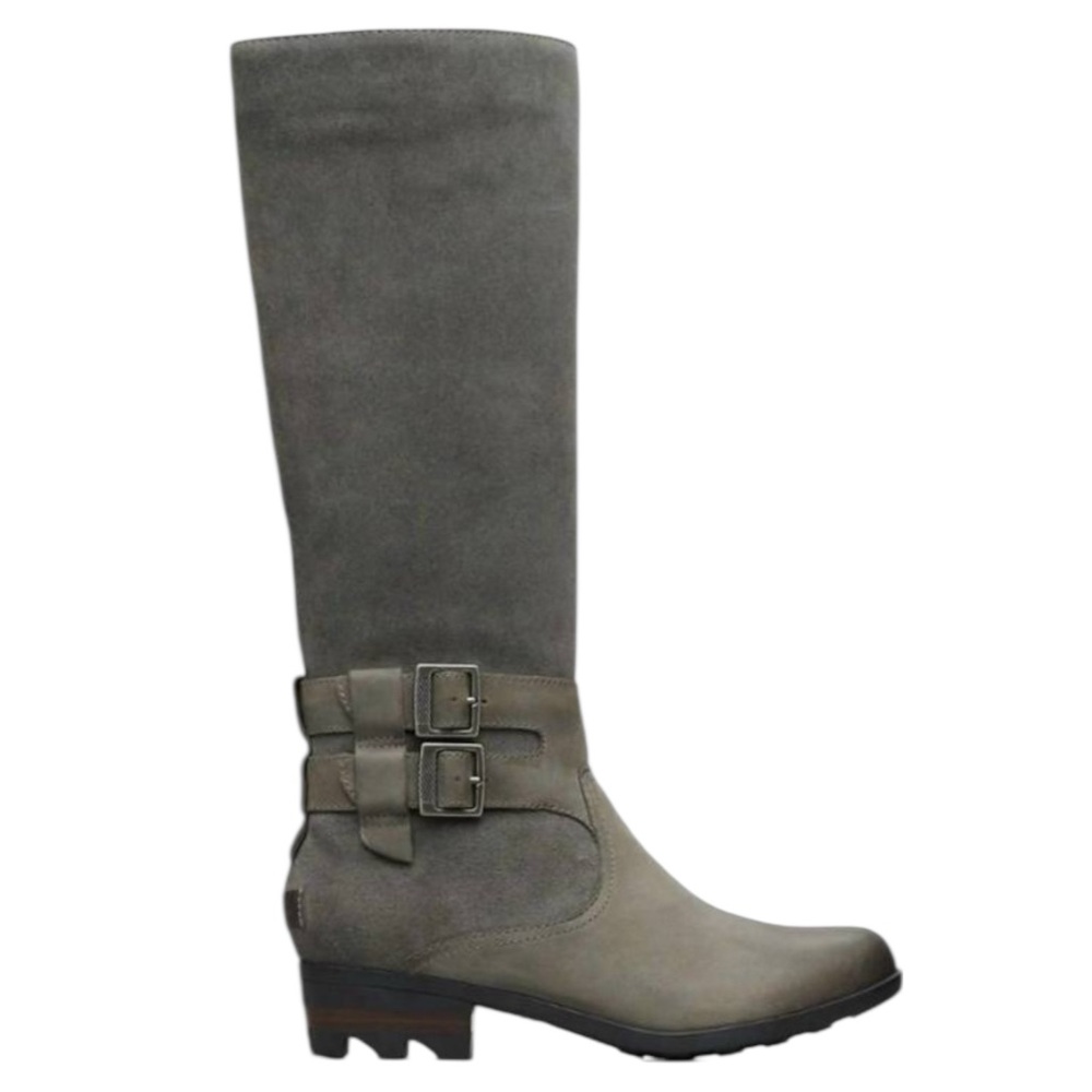 Sorel Lolla II Tall Quarry Gray Suede Knee High Double Buckle Zip Up Heel Boots